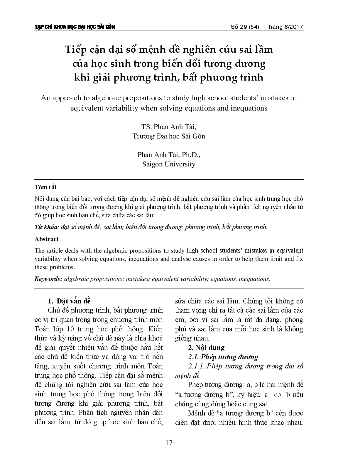 Tiếp cận đại số mệnh đề nghiên cứu sai lầm của học sinh trong biến đổi tương đương khi giải phương trình, bất phương trình  