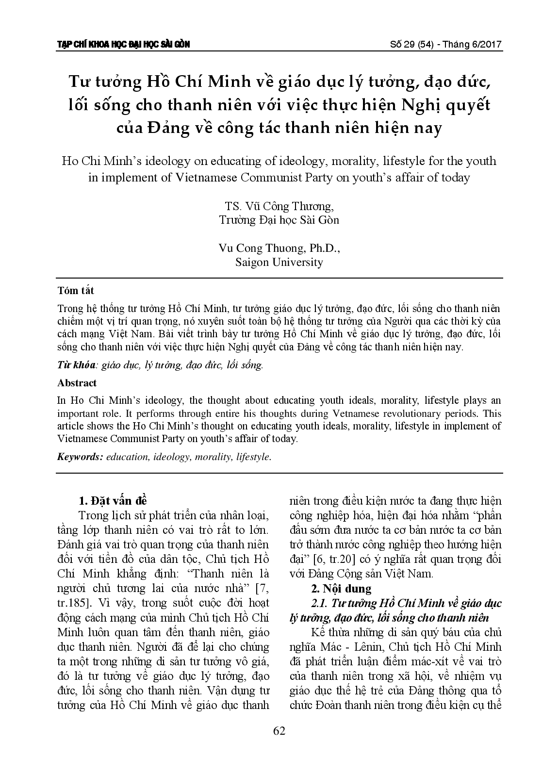 Tư tưởng Hồ Chí Minh về giáo dục lý tưởng, đạo đức, lối sống cho thanh niên với việc thực hiện Nghị quyết của Đảng về công tác thanh niên hiện nay  