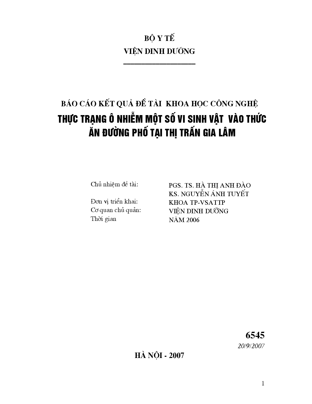 Thực trạng ô nhiễm một số vi sinh vật và thức ăn đường phố tại thị trấn Gia Lâm  