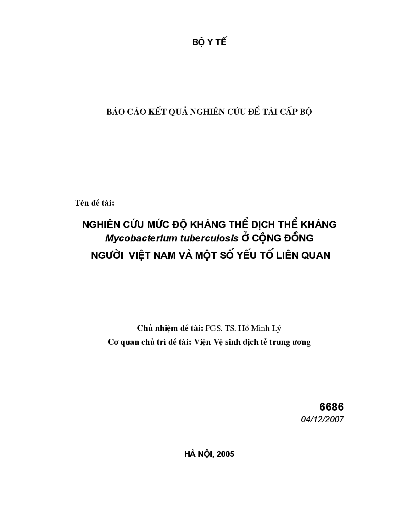 Nghiên cứu mức độ kháng thể dịch thể kháng Mycobacterium tuberculosis ở cộng đồng người Việt Nam và một số yếu tố liên quan  