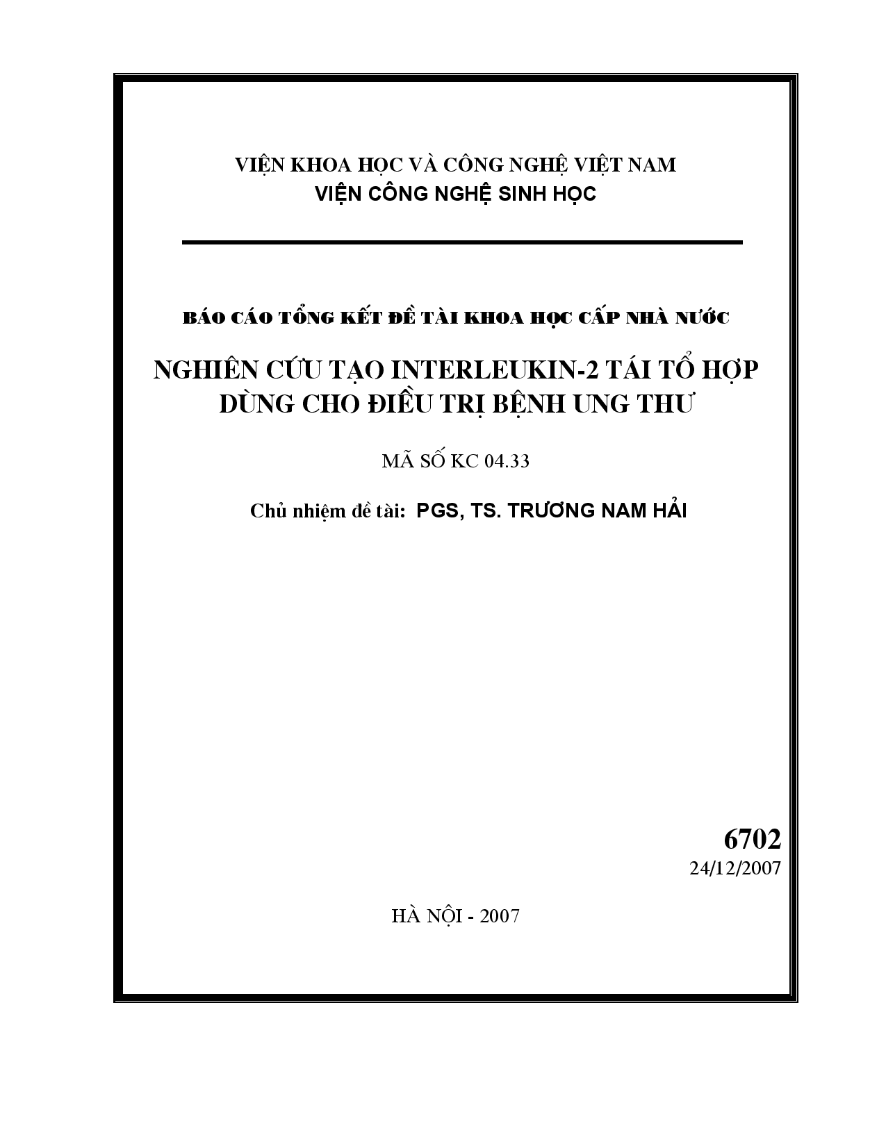 Nghiên cứu tạo Interleukin-2 tái tổ hợp dùng cho điều trị bệnh ung thư  