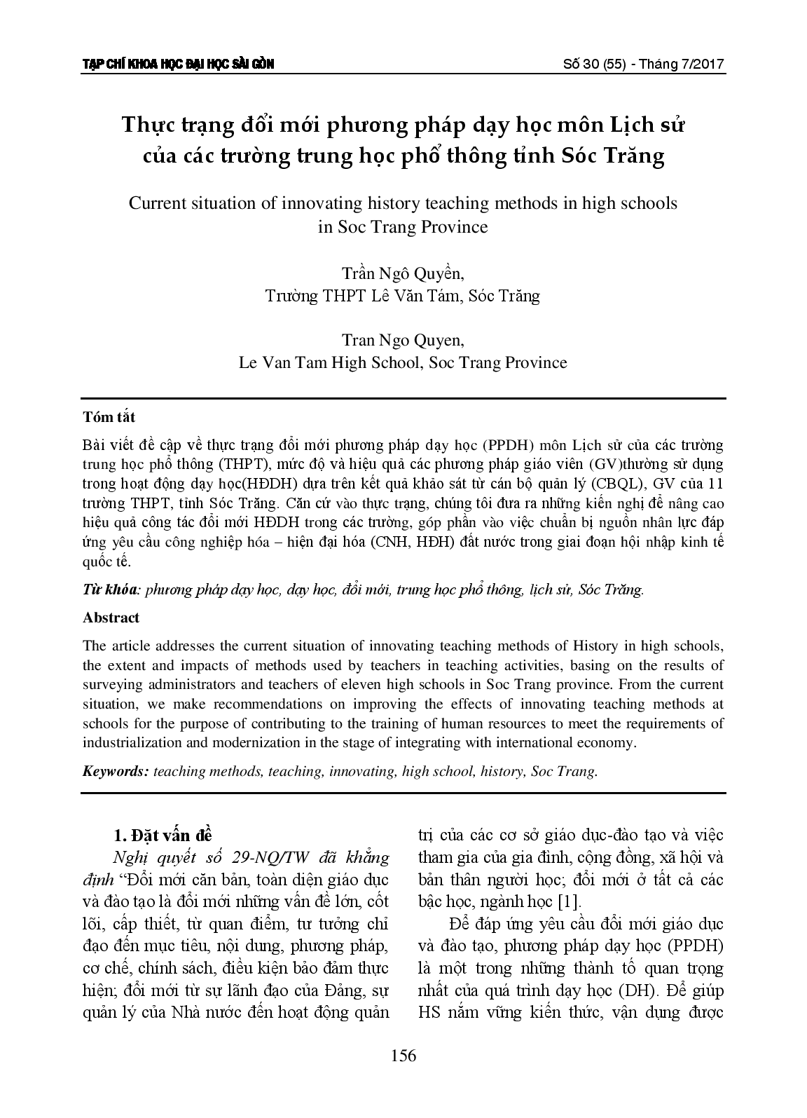 Thực trạng đổi mới phương pháp dạy học môn Lịch sử của các trường trung học phổ thông tỉnh Sóc Trăng  