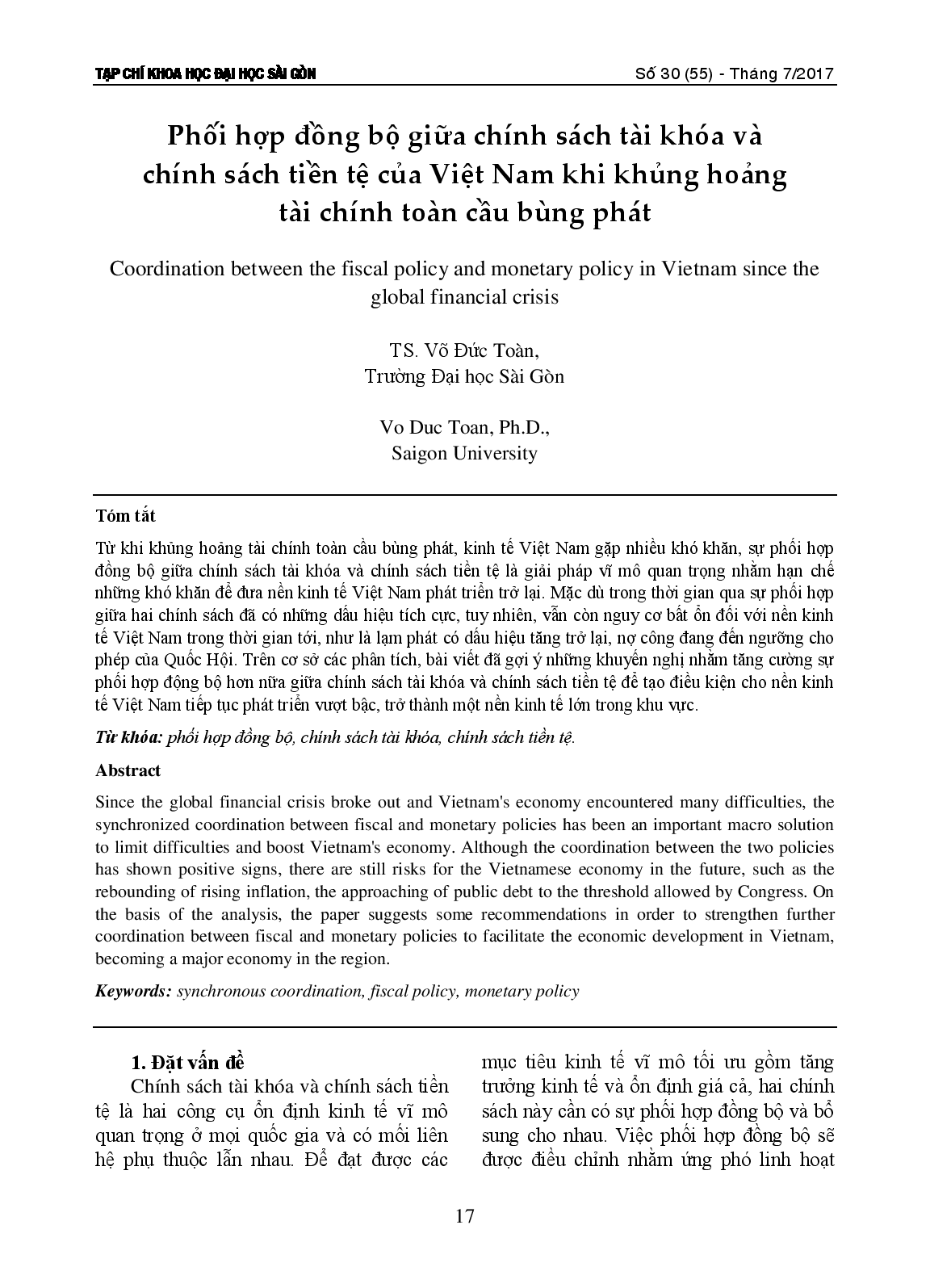 Phối hợp đồng bộ giữa chính sách tài khóa và chính sách tiền tệ của Việt Nam khi khủng hoảng tài chính toàn cầu bùng phát  