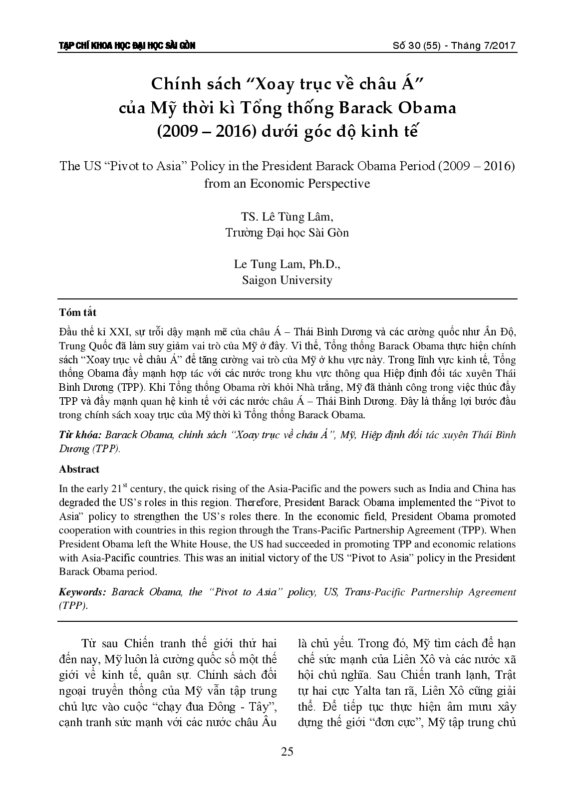 Chính sách “Xoay trục về châu Á” của Mỹ thời kì Tổng thống Barack Obama (2009 – 2016) dưới góc độ kinh tế  