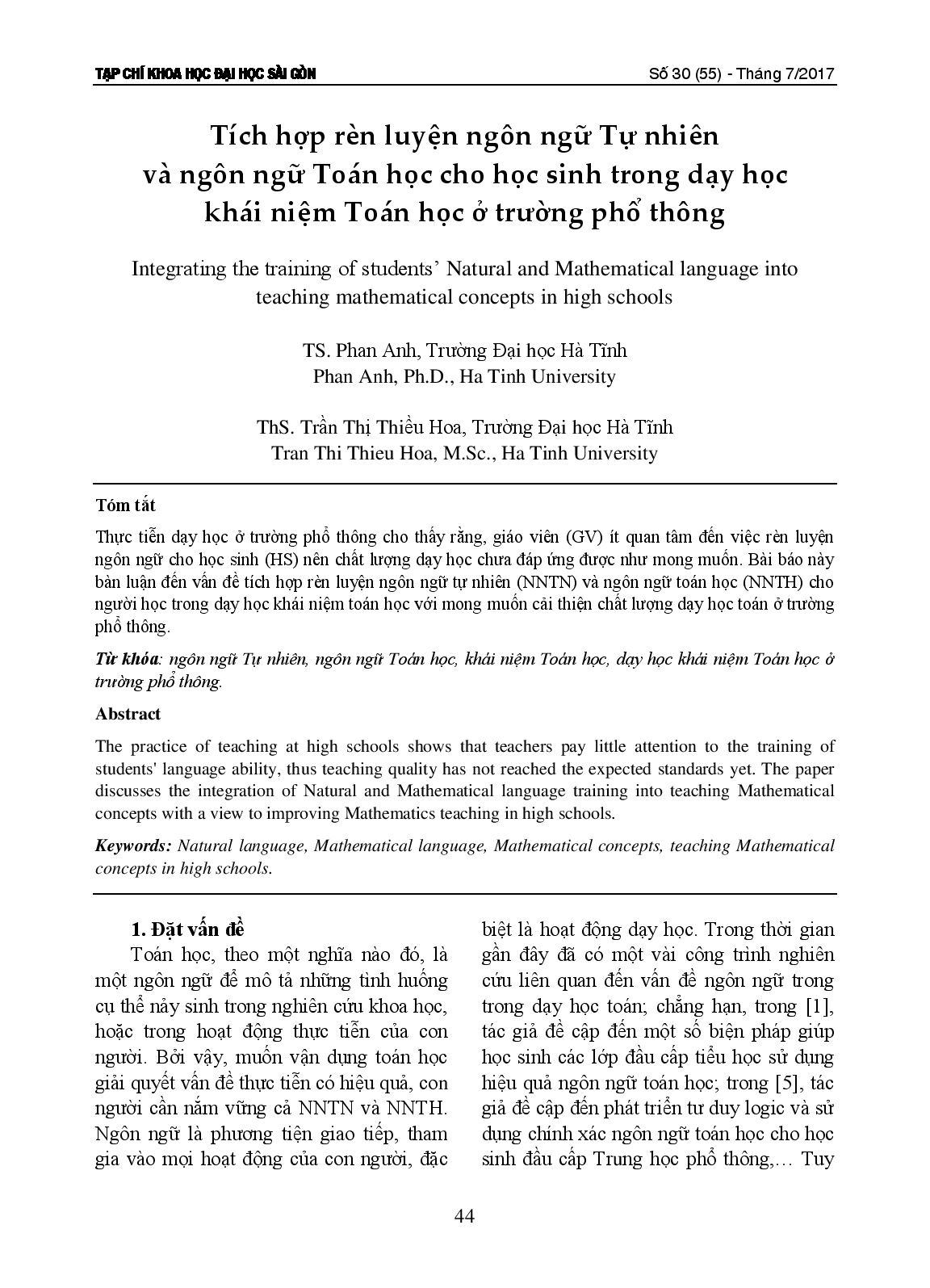 Tích hợp rèn luyện ngôn ngữ Tự nhiên và ngôn ngữ Toán học cho học sinh trong dạy học khái niệm Toán học ở trường phổ thông  