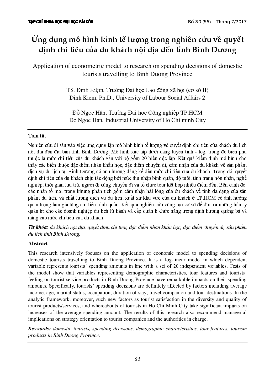 Ứng dụng mô hình kinh tế lượng trong nghiên cứu về quyết định chi tiêu của du khách nội địa đến tỉnh Bình Dương  