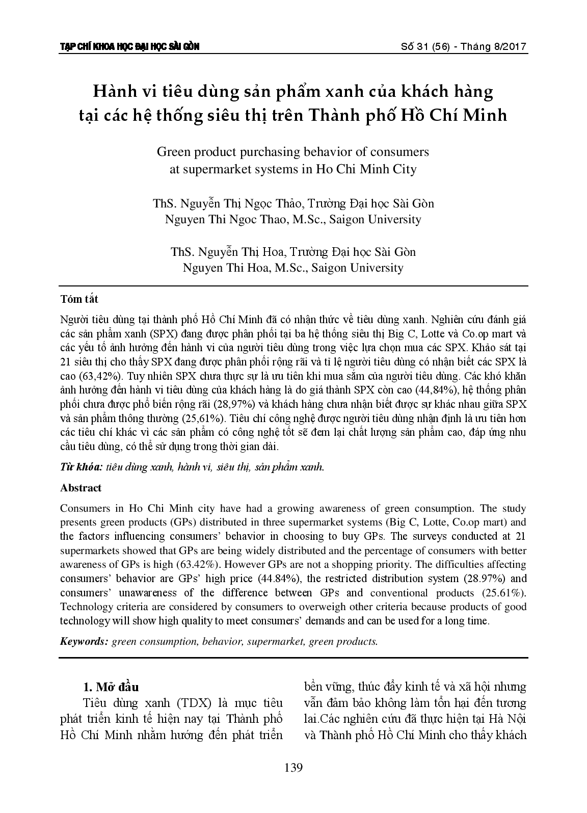Hành vi tiêu dùng sản phẩm xanh của khách hàng tại các hệ thống siêu thị trên Thành phố Hồ Chí Minh  