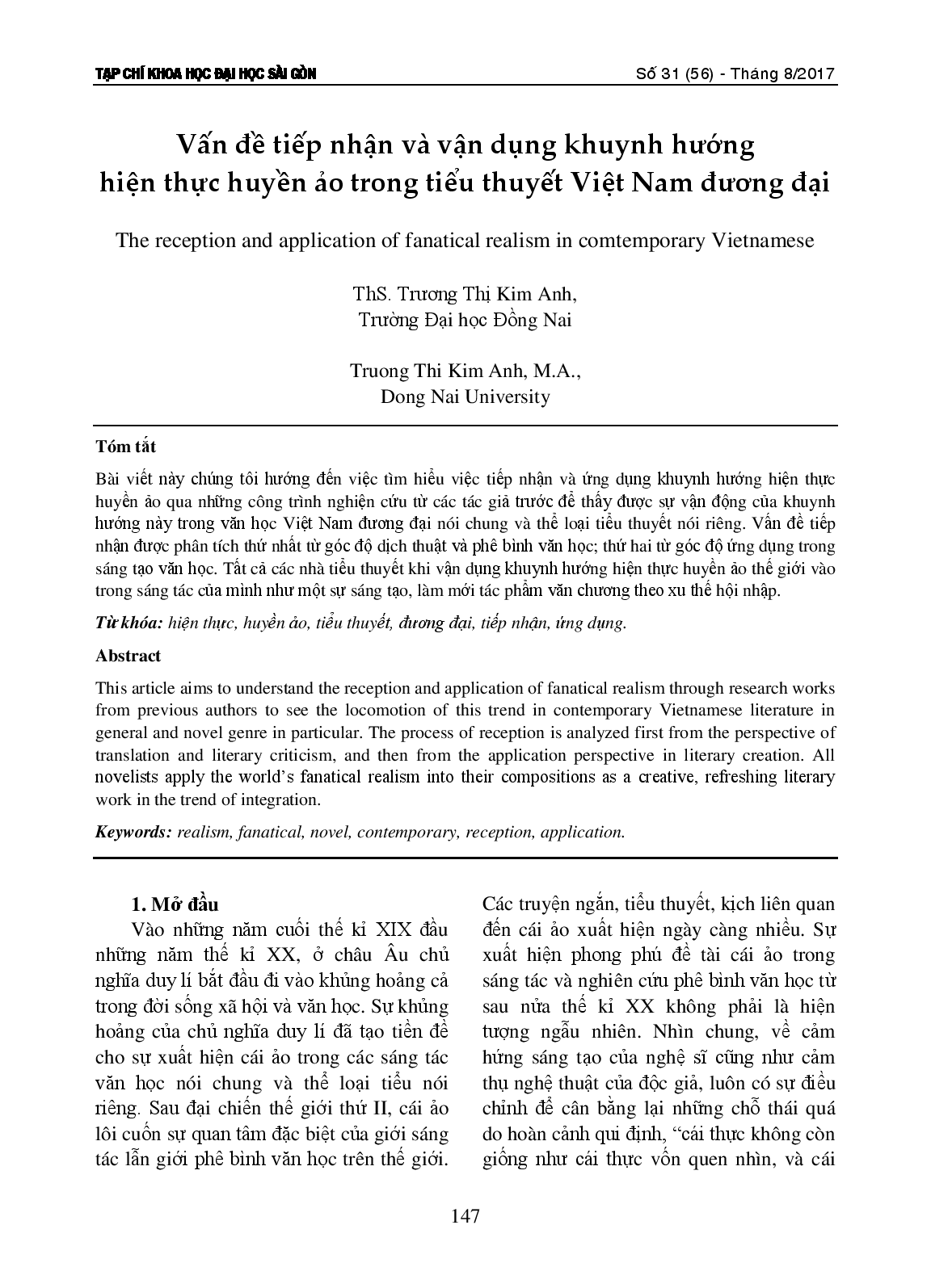 Vấn đề tiếp nhận và vận dụng khuynh hướng hiện thực huyền ảo trong tiểu thuyết Việt Nam đương đại  