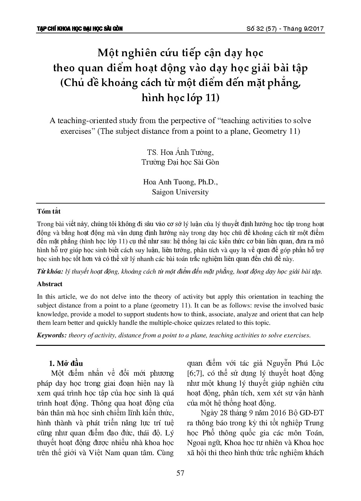 Một số nghiên cứu tiếp cận dạy học theo quan điểm hoạt động vào dạy học giải bài tập (Chủ đề khoảng cách từ một điểm đến mặt phẳng, hình học lớp 11)  