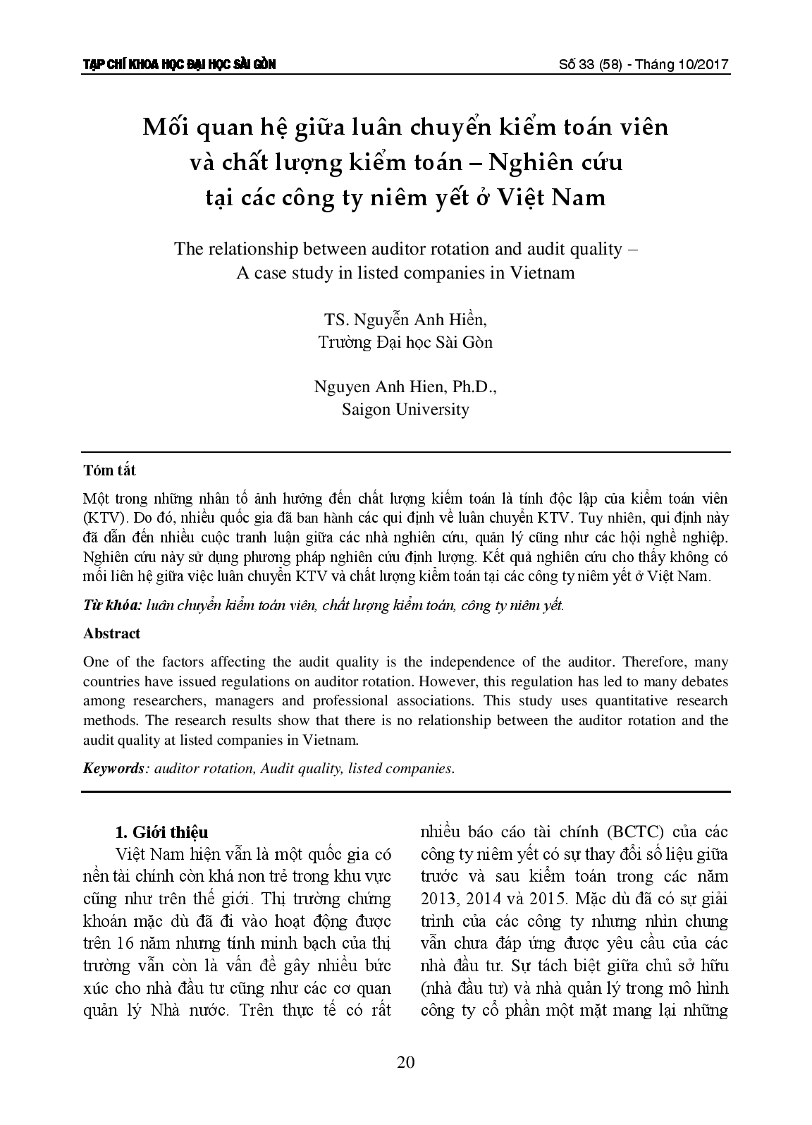 Mối quan hệ giữa luân chuyển kiểm toán viên và chất lượng kiểm toán - Nghiên cứu tại các công ty niêm yết ở Việt Nam  