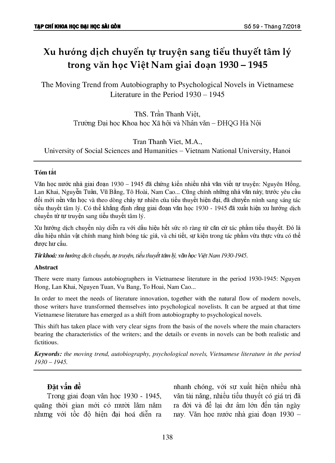 Xu hướng dịch chuyển tự truyện sang tiểu thuyết tâm lý trong văn học Việt Nam giai đoạn 1930 – 1945  