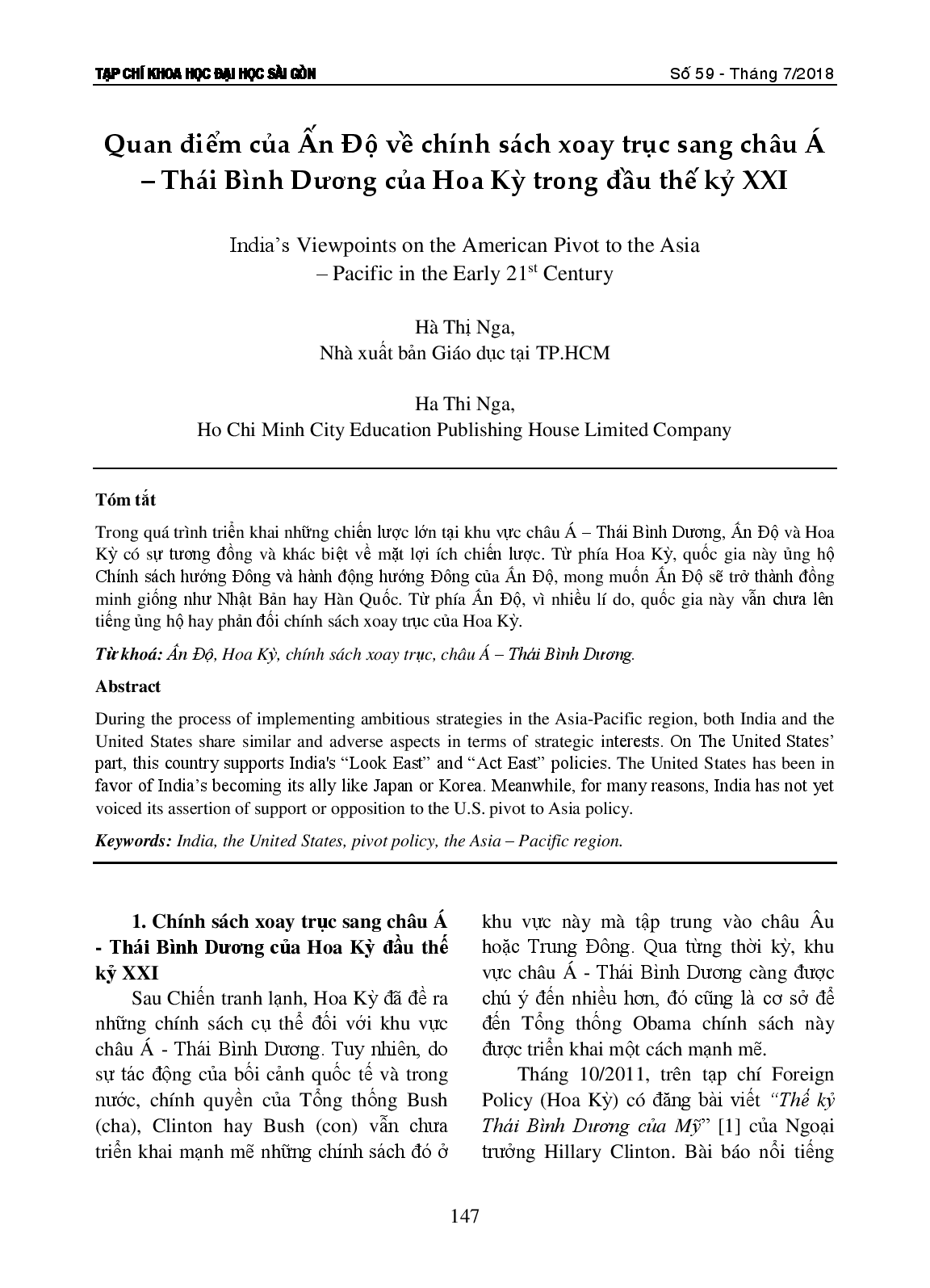 Quan điểm của Ấn Độ về chính sách xoay trục sang châu Á – Thái Bình Dương của Hoa Kỳ trong đầu thế kỷ XXI  