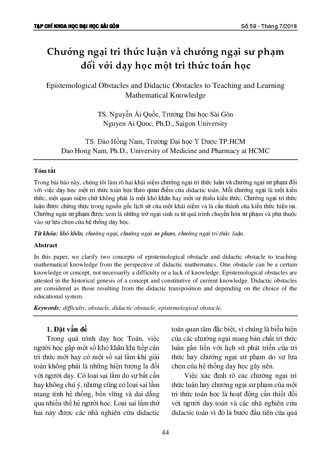 Chướng ngại tri thức luận và chướng ngại sư phạm đối với dạy học một tri thức toán học  