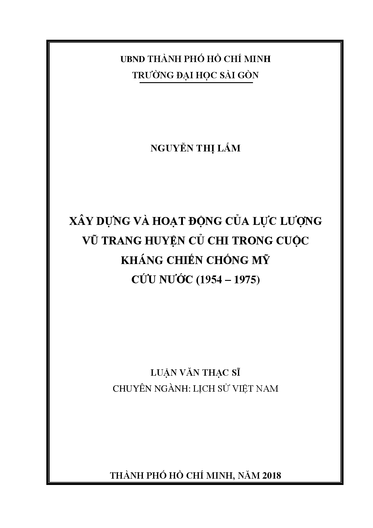 Xây dựng và hoạt động của lực lượng vũ trang huyện Củ Chi trong cuộc kháng chiến chống Mỹ cứu nước (1954 - 1975)  