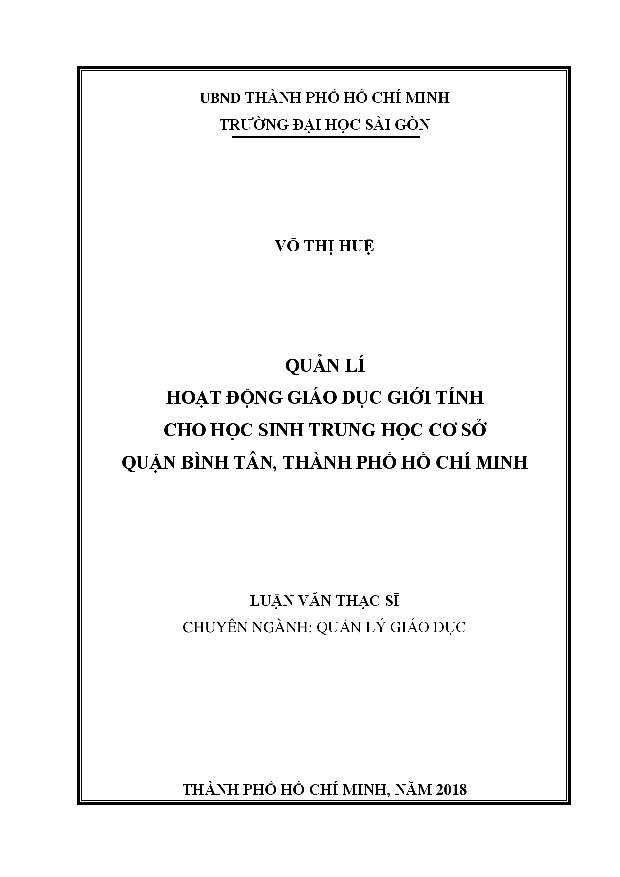 Quản lí hoạt động giáo dục giới tính cho học sinh trung học cơ sở quận Bình Tân, thành phố Hồ Chí Minh  