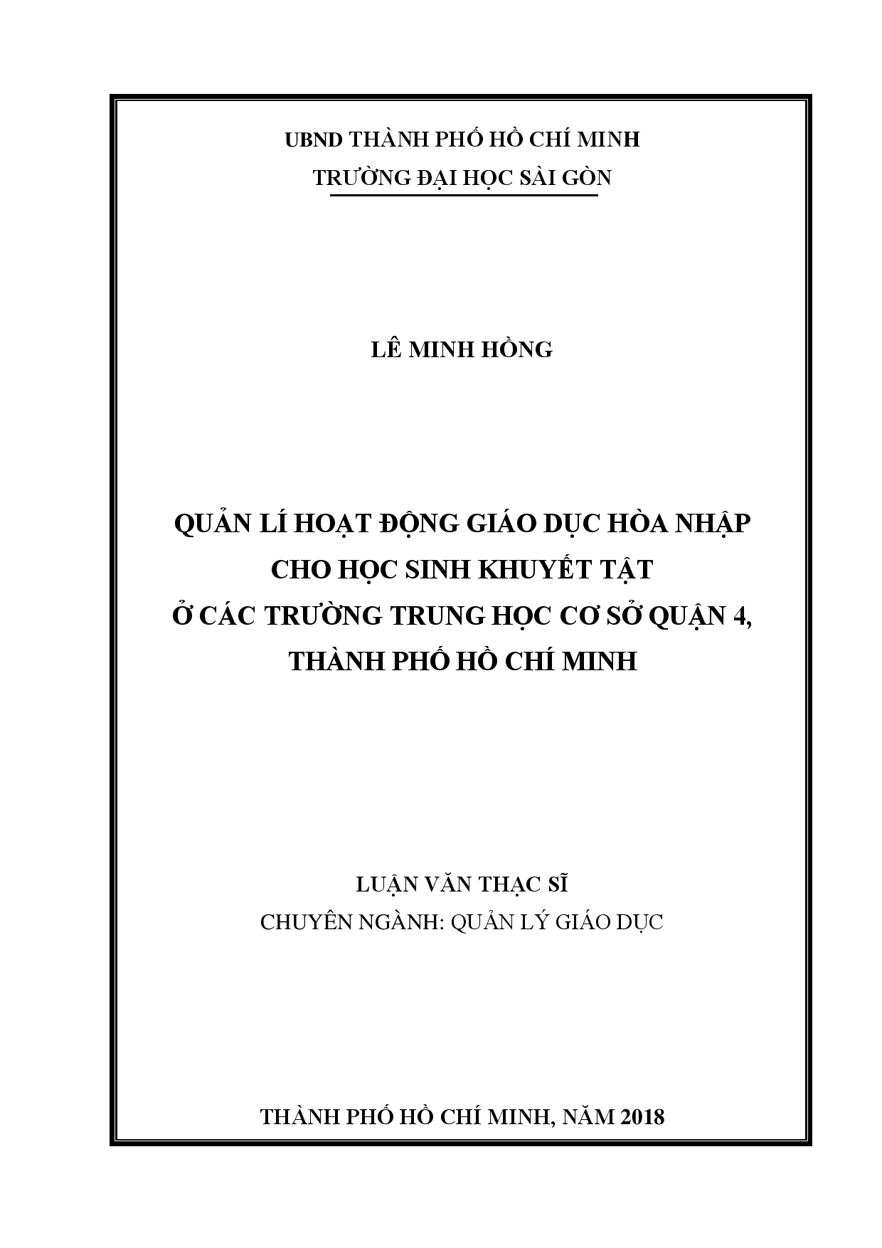 Quản lí hoạt động giáo dục hòa nhập cho học sinh khuyết tật ở các trường trung học cơ sở quận 4, thành phố Hồ Chí Minh  