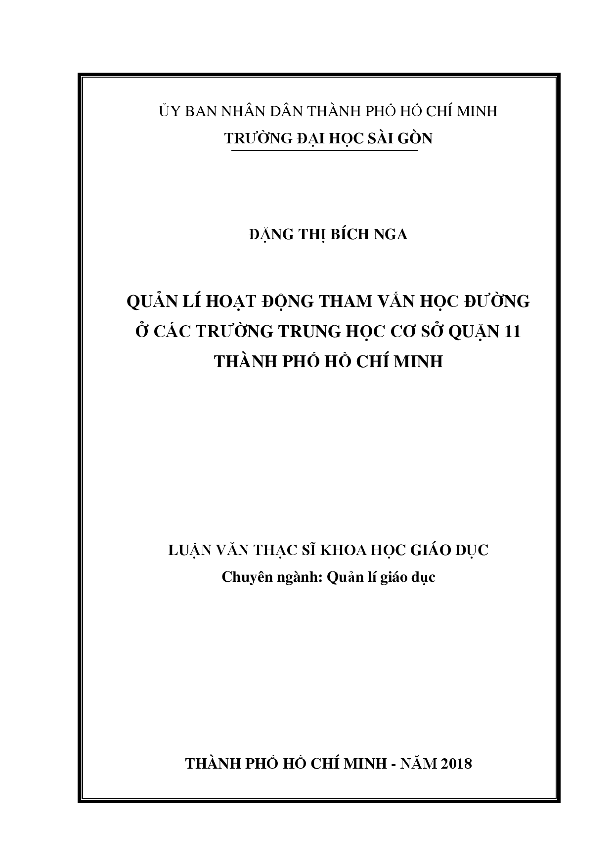 Quản lí hoạt động tham vấn học đường ở các trường trung học cơ sở quận 11 thành phố Hồ Chí Minh  