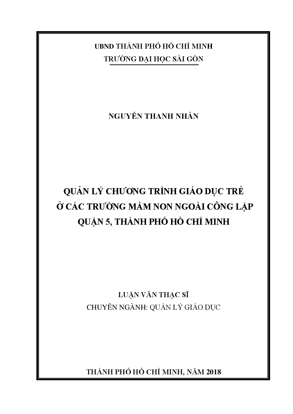 Quản lý chương trình giáo dục trẻ ở các trường mầm non ngoài công lập quận 5, thành phố Hồ Chí Minh  