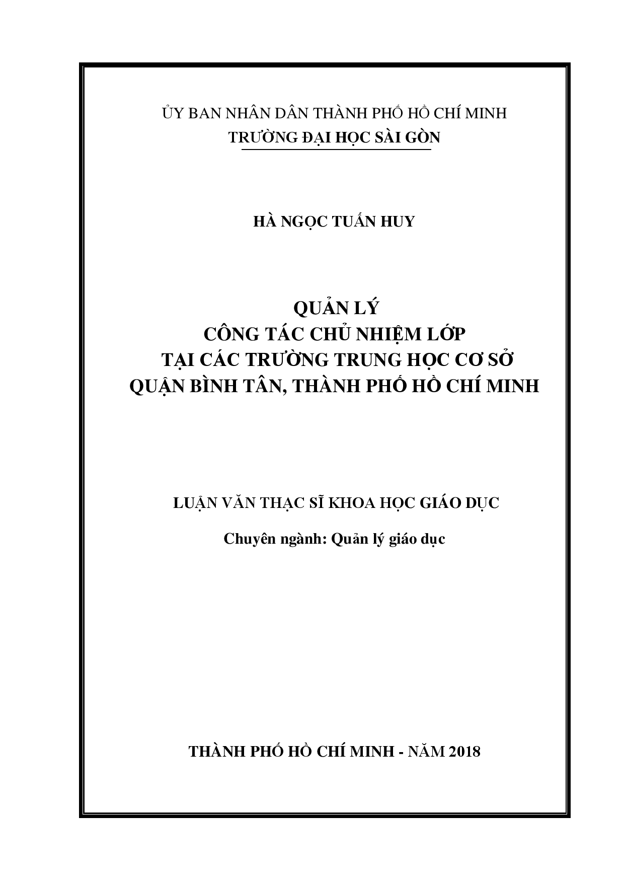 Quản lý công tác chủ nhiệm lớp tại các trường trung học cơ sở quận Bình Tân, thành phố Hồ Chí Minh  