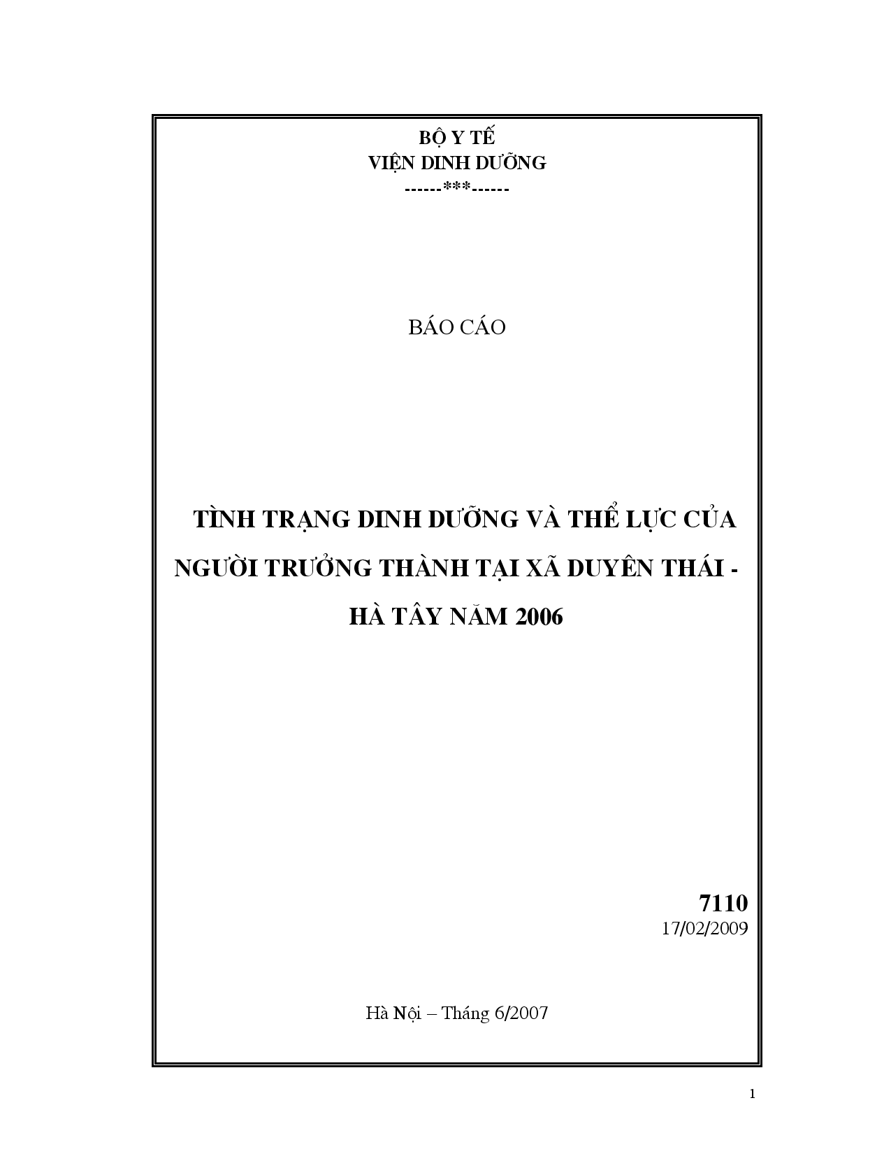 Tình trạng dinh dưỡng và thể lực của người trưởng thành tại xã Duyên Thái - Hà Tây năm 2006  