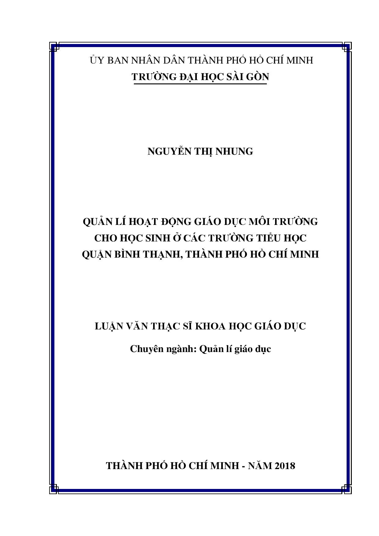 Quản lí hoạt động giáo dục môi trường cho học sinh ở các trường tiểu học quận Bình Thạnh, thành phố Hồ Chí Minh  