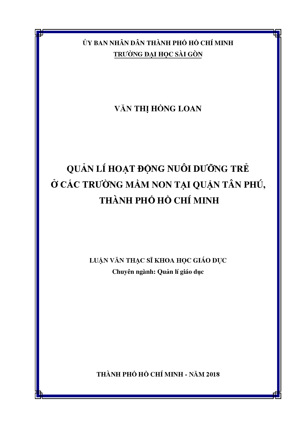 Quản lí hoạt động nuôi dưỡng trẻ ở các trường mầm non quận Tân Phú, thành phố Hồ Chí Minh  