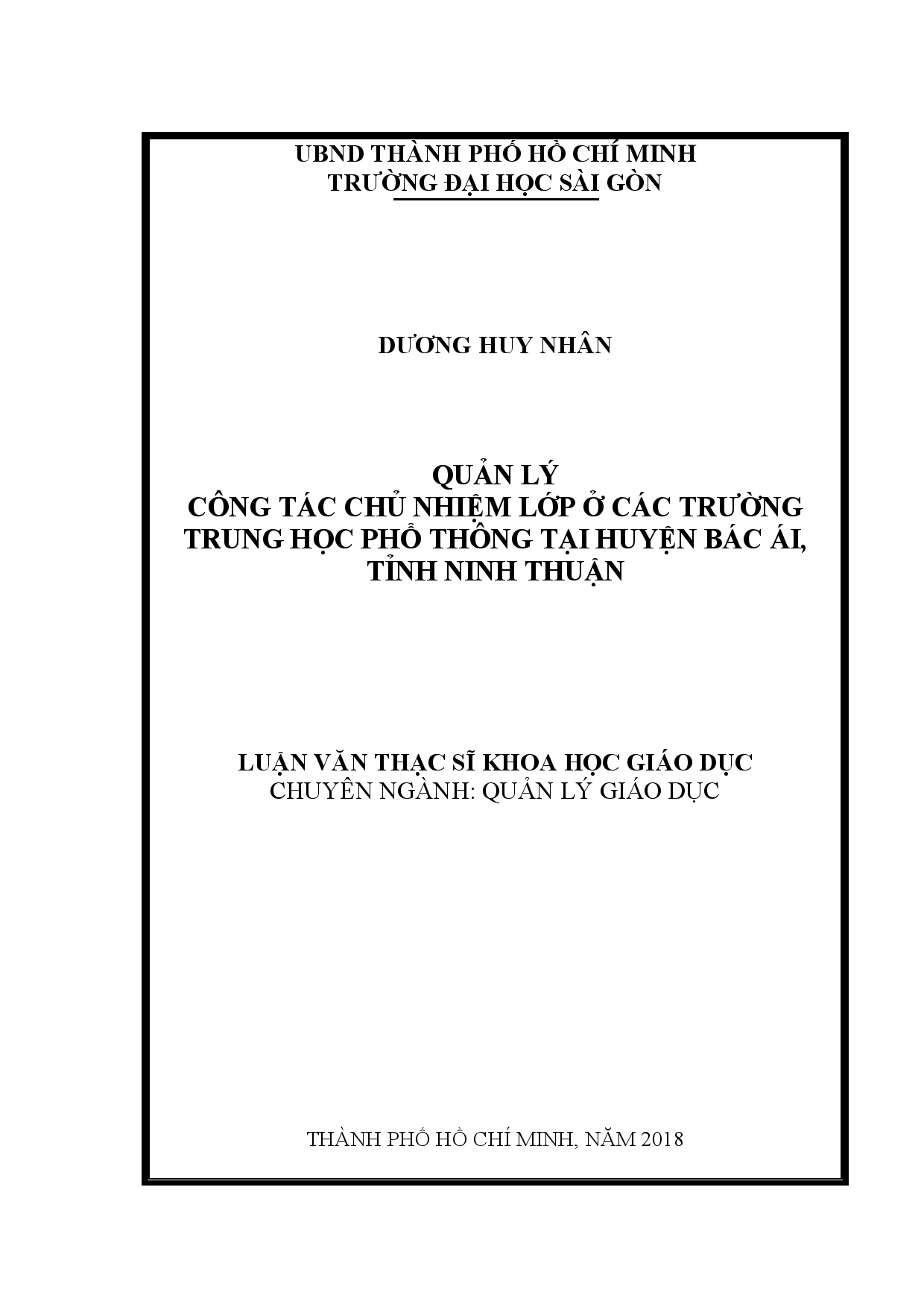 Quản lý công tác chủ nhiệm lớp ở các trường Trung học phổ thông tại huyện Bác Ái, tỉnh Ninh Thuận  