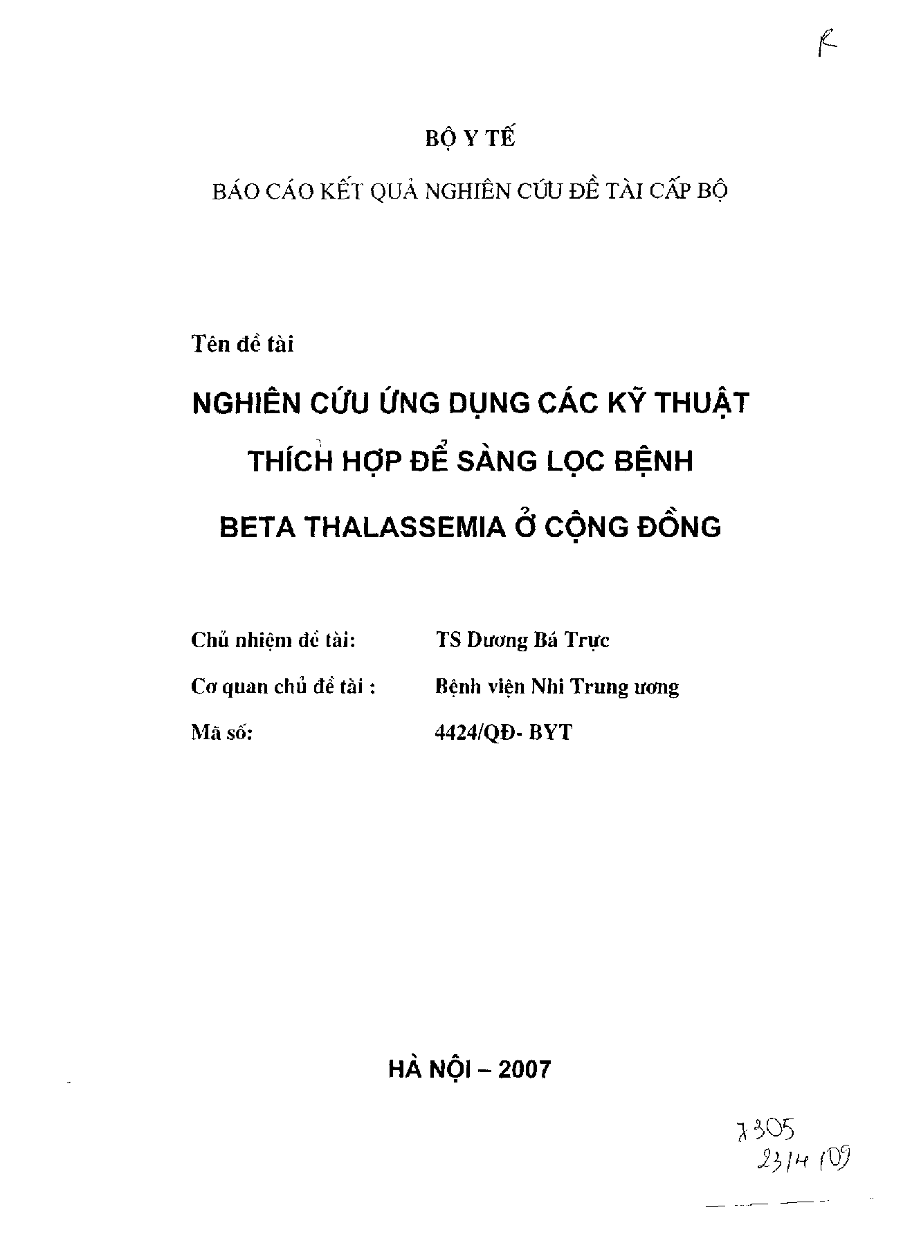 Nghiên cứu ứng dụng các kỹ thuật thích hợp để sàng lọc bệnh beta thalassemia ở cộng đồng  