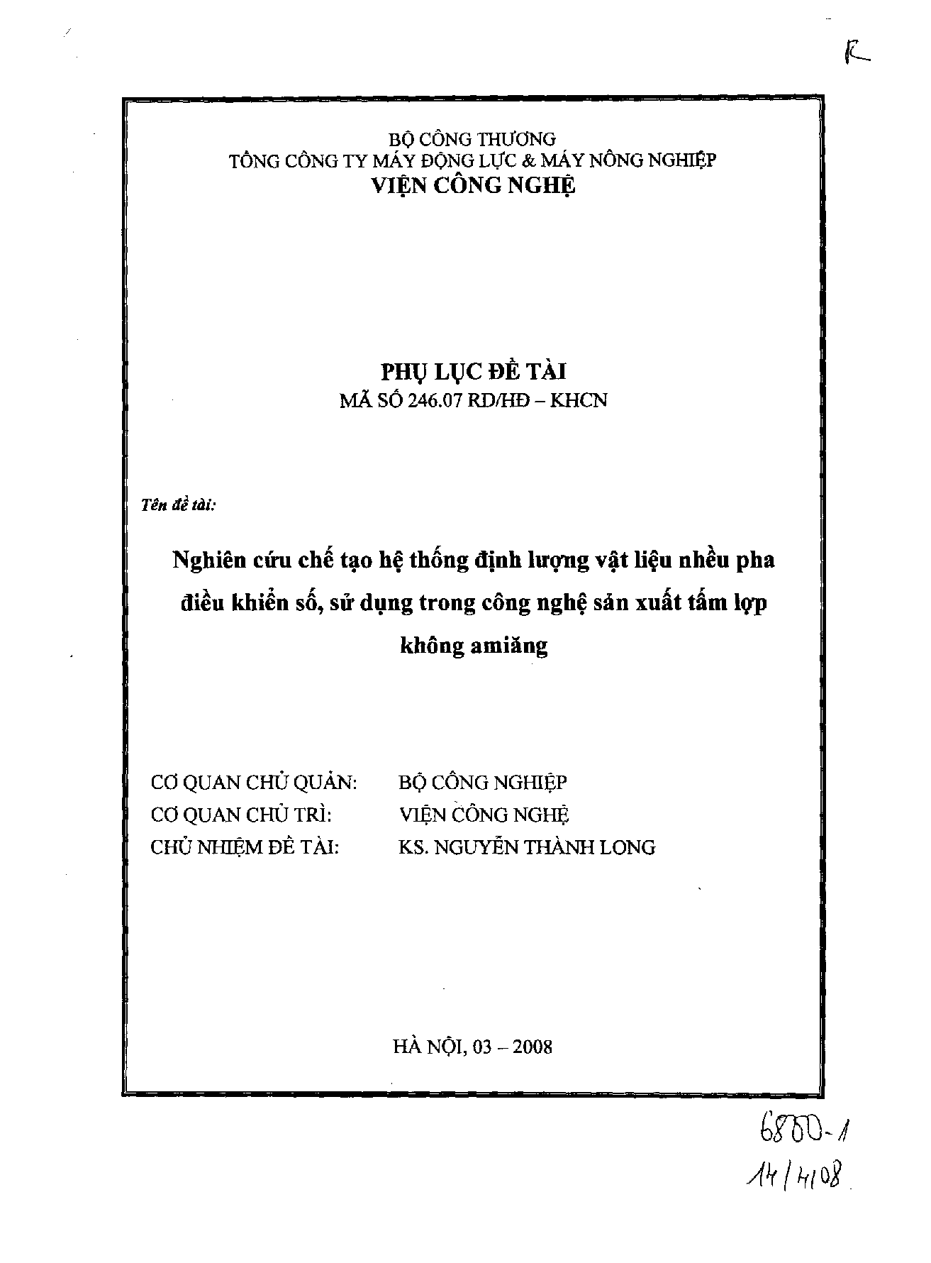 Nghiên cứu, thiết kế chế tạo hệ thống định lượng vật liệu nhiều pha điều khiển số, sử dụng trong công nghệ sản xuất tấm lợp không amiăng  