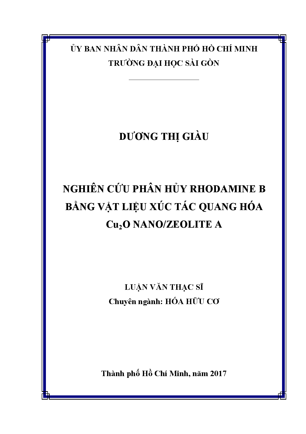 Nghiên cứu phân hủy rhodamine B bằng vật liệu xúc tác quang hóa cu2o nano/zeolite A  