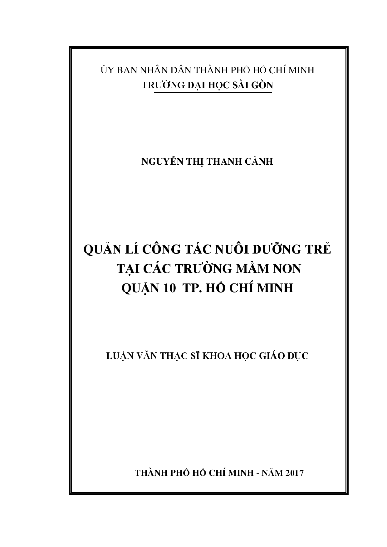 Quản lí công tác nuôi dưỡng trẻ tại các trường mầm non quận 10 TP. Hồ Chí Minh  