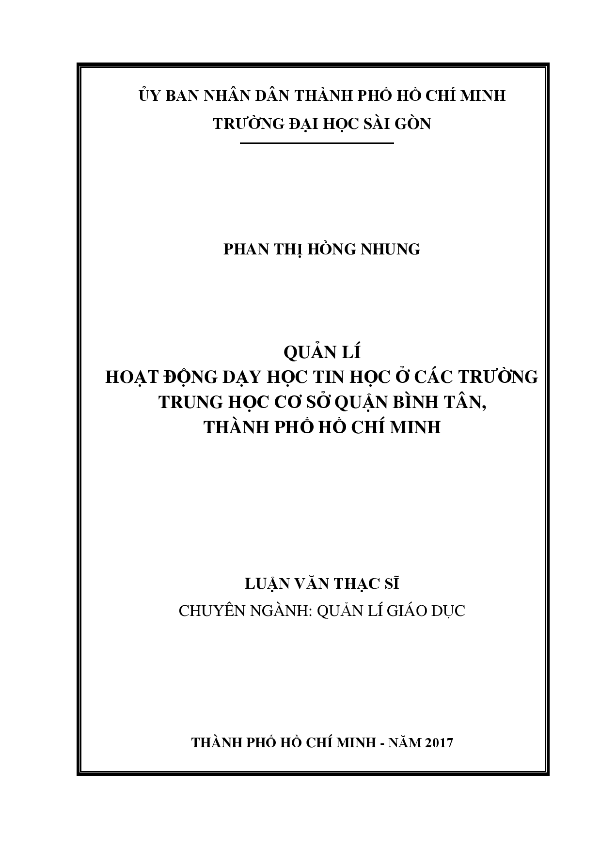 Quản lí hoạt động dạy học tin học ở các trường trung học cơ sở quận Bình Tân, Thành phố Hồ Chí Minh  