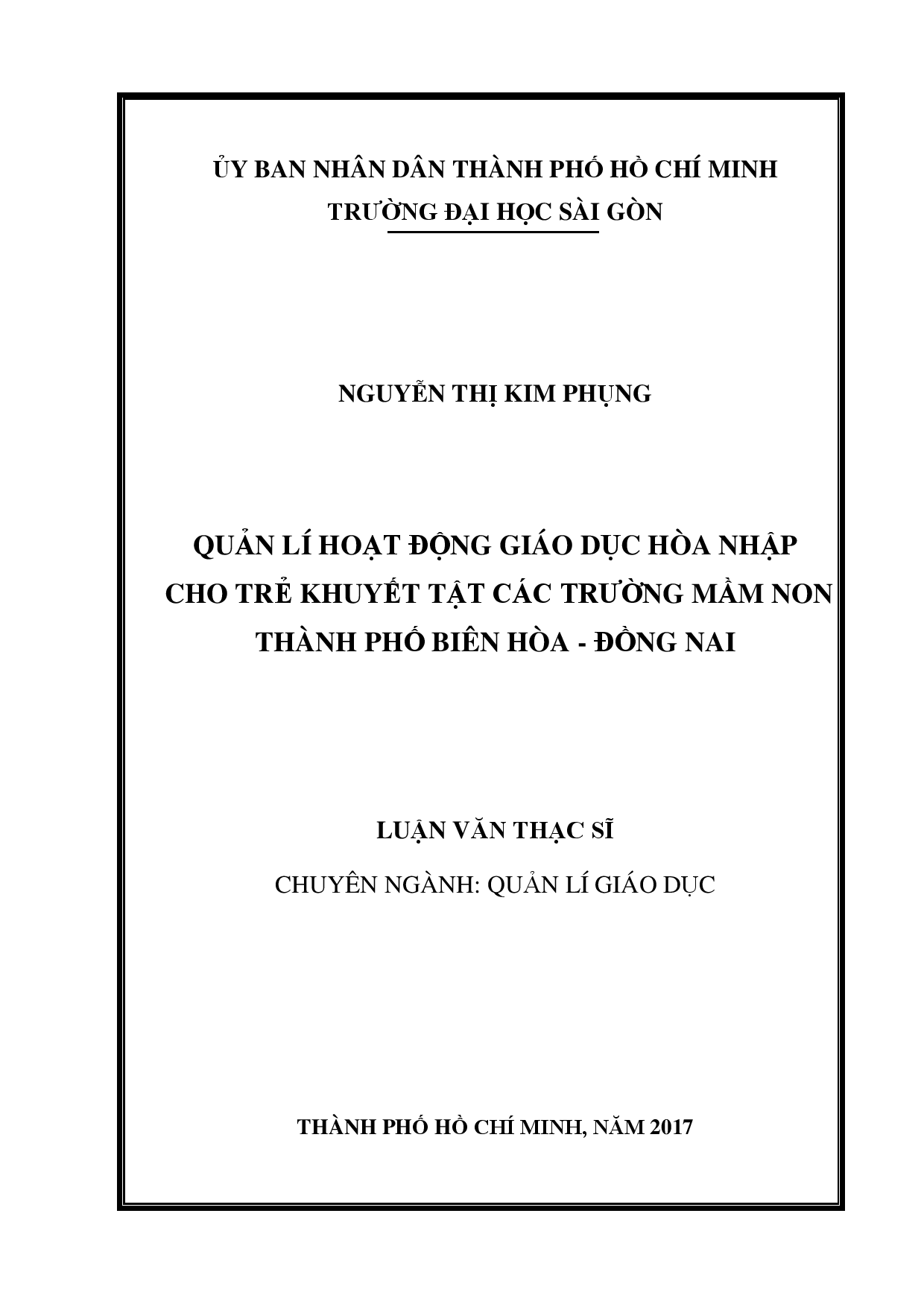 Quản lí hoạt động giáo dục hòa nhập cho trẻ khuyết tật các trường mầm non Thành phố Biên Hòa - Đồng Nai  