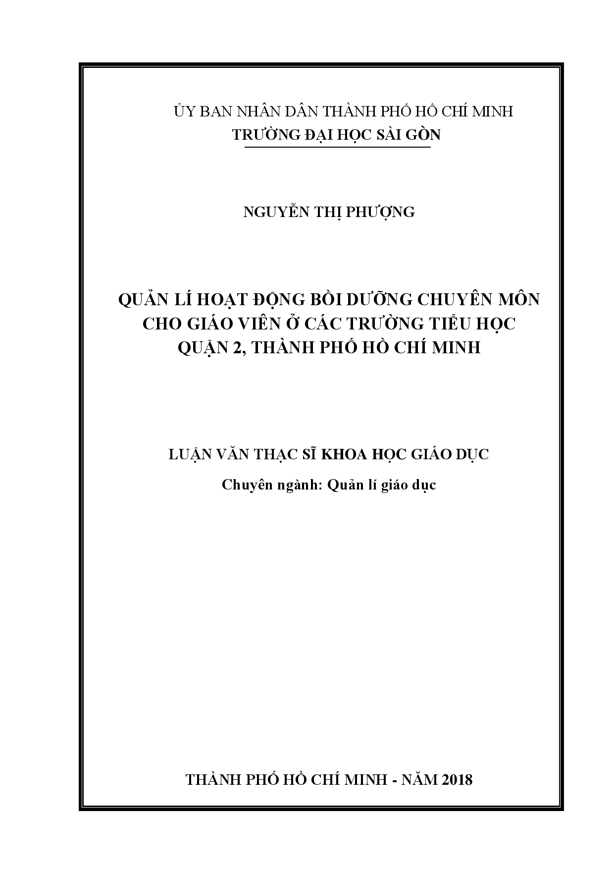 Quản lí hoạt động bồi dưỡng chuyên môn cho giáo viên ở các trường Tiểu học Quận 2, thành phố Hồ chí Minh  