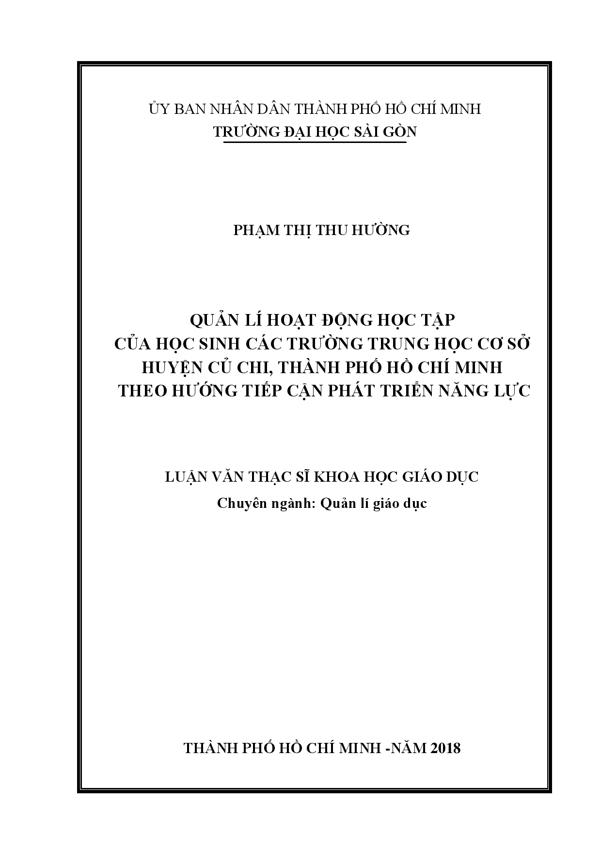 Quản lí hoạt động học tập của học sinh trường Trung học cơ sở huyện Củ Chi, Thành phố Hồ Chí Minh theo hướng tiếp cận phát triển năng lực  