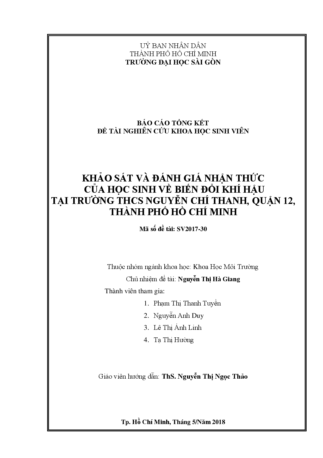 Khảo sát và đánh giá nhận thức của học sinh về biến đổi khí hậu tại trường THCS Nguyễn Chí Thanh  - Q.12, Thành phố Hồ Chí Minh  