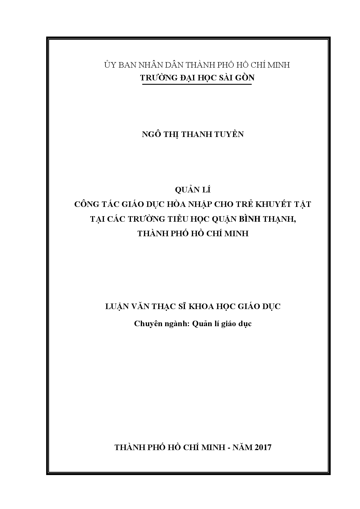 Quản lí công tác giáo dục hòa nhập cho trẻ khuyết tật tại các trường tiểu học quận Bình Thạnh, Thành phố Hồ Chí Minh  