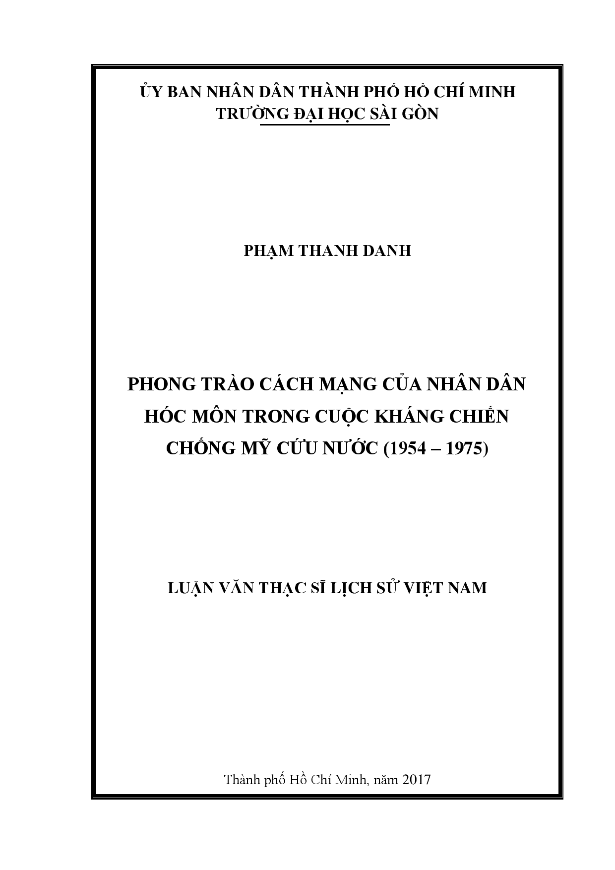 Phong trào cách mạng của nhân dân Hóc Môn trong cuộc kháng chiến chống Mỹ cứu nước (1954 - 1975)  