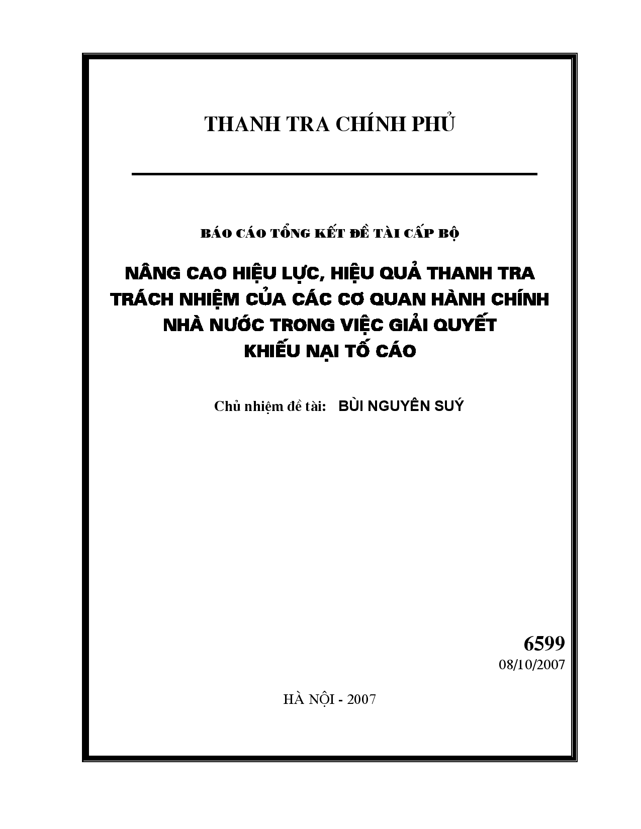 Nâng cao hiệu lực, hiệu quả thanh tra trách nhiệm của các cơ quan hành chính nhà nước trong việc giải quyết khiếu nại tố cáo  