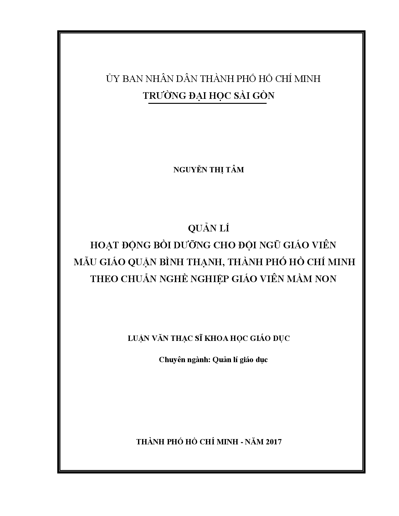 Quản lí hoạt động bồi dưỡng cho đội ngũ giáo viên mẫu giáo quận Bình Thạnh, Thành phố Hồ Chí Minh theo chuẩn nghề nghiệp giáo viên mầm non  