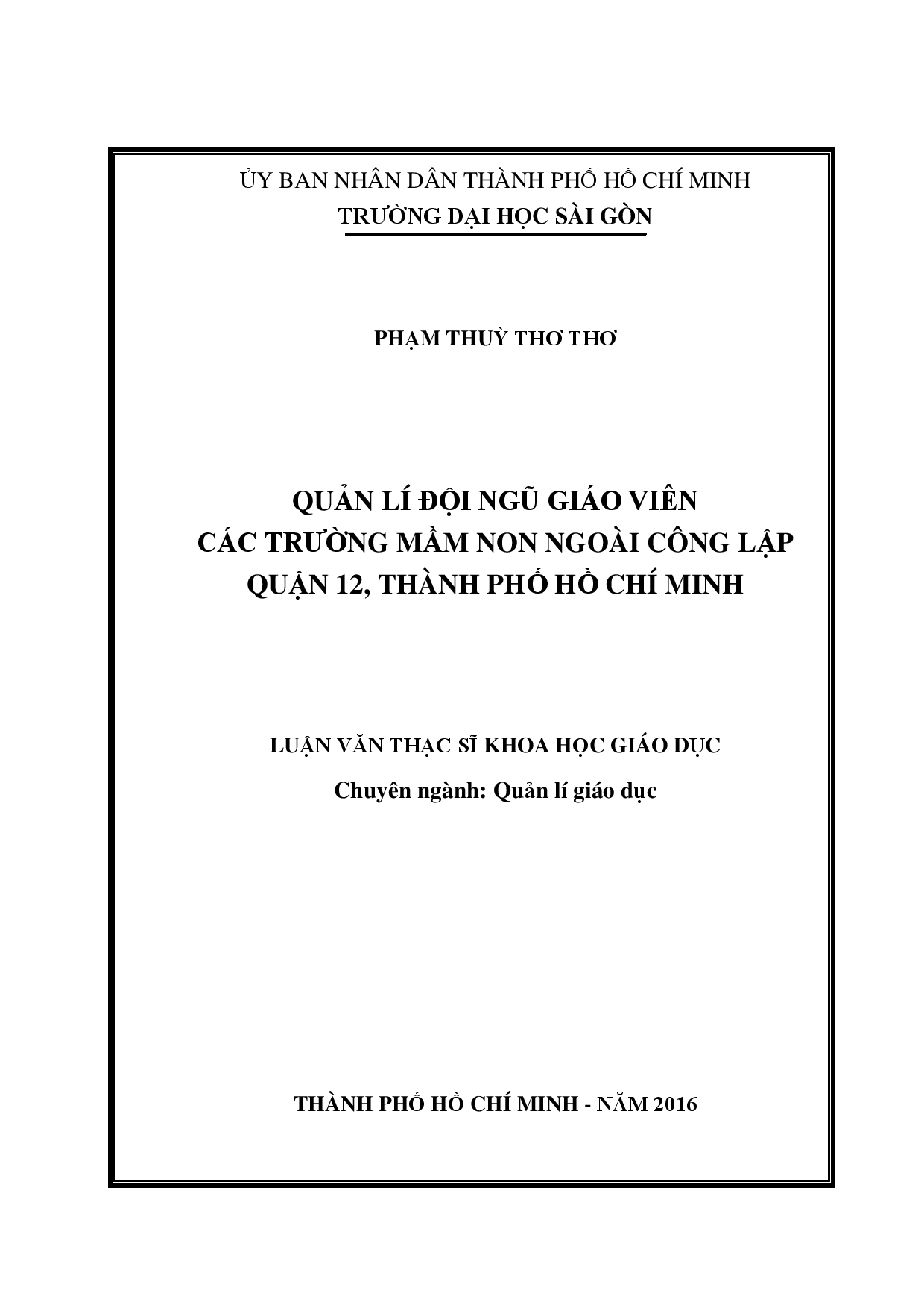 Quản lí đội ngũ giáo viên các trường mầm non ngoài công lập quận 12, Thành phố Hồ Chí Minh  