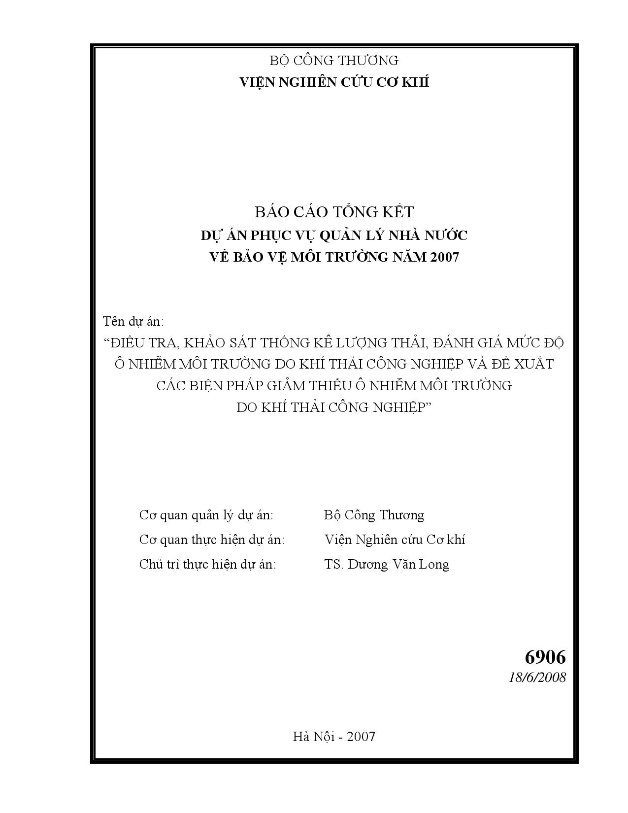 Điều tra khảo sát, thống kê lượng thải, đánh giá mức độ ô nhiễm môi trường do khí thải công nghiệp và đề xuất các biện pháp giảm thiểu ô nhiễm môi trường do khí thải công nghiệp  