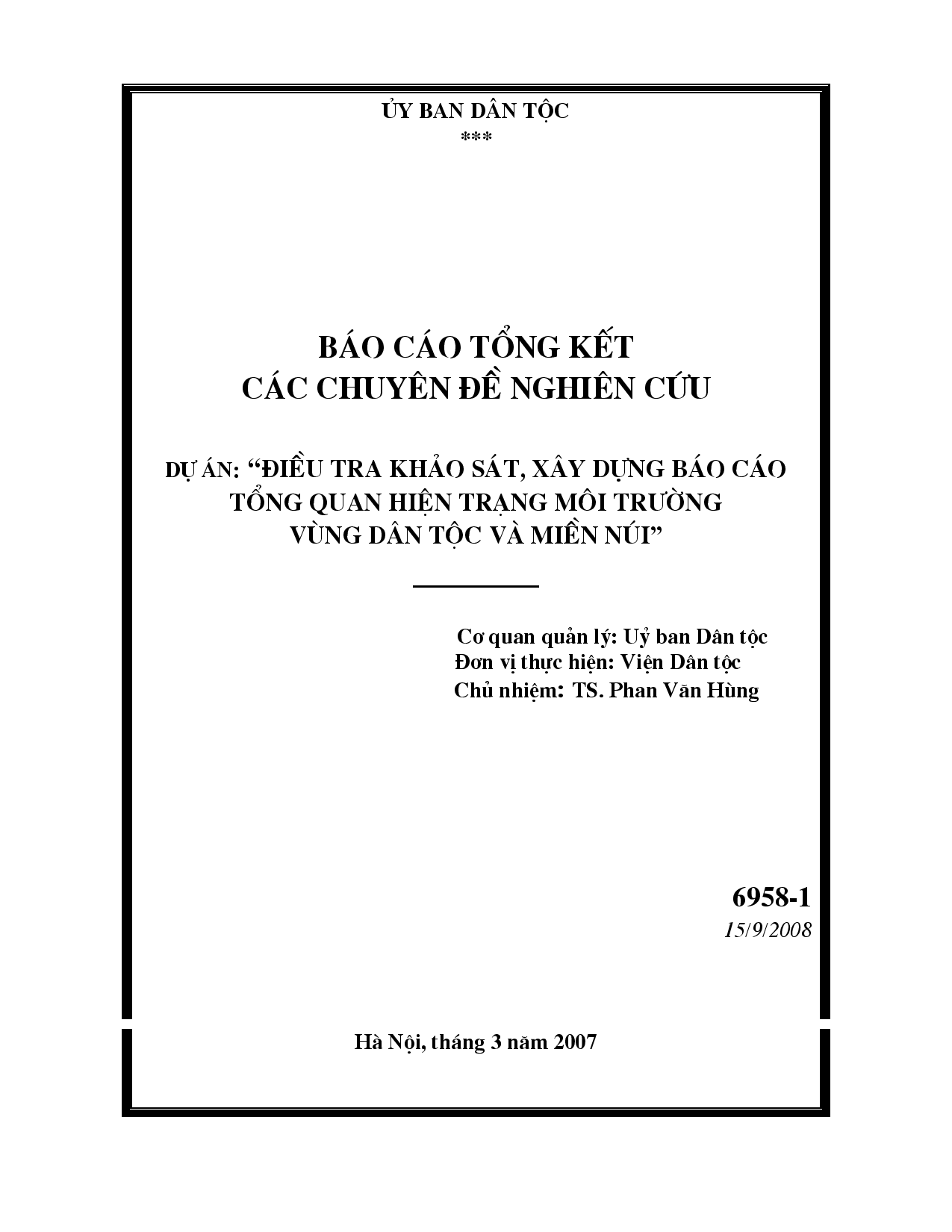 Điều tra, khảo sát, xây dựng báo cáo tổng quan hiện trạng môi trường vùng dân tộc và miền núi  