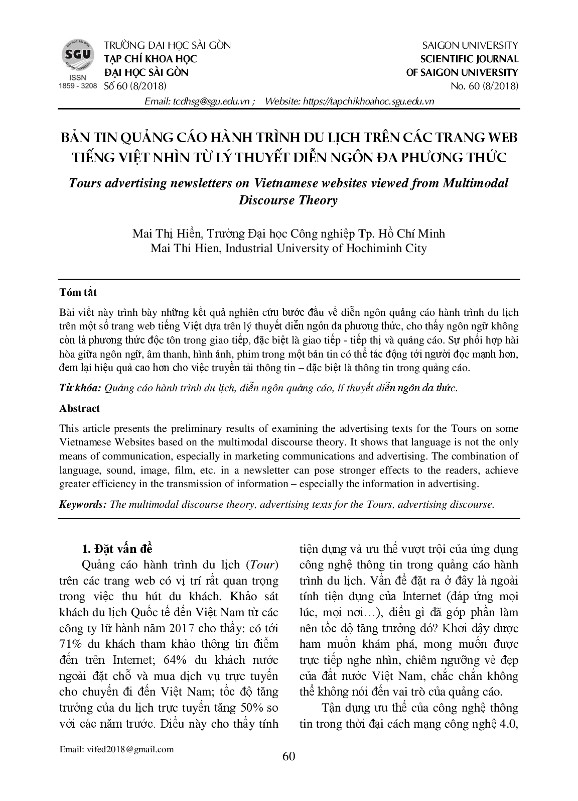 Bản tin quảng cáo hành trình du lịch trên các trang web tiếng Việt nhìn từ lý thuyết diễn ngôn đa phương thức  