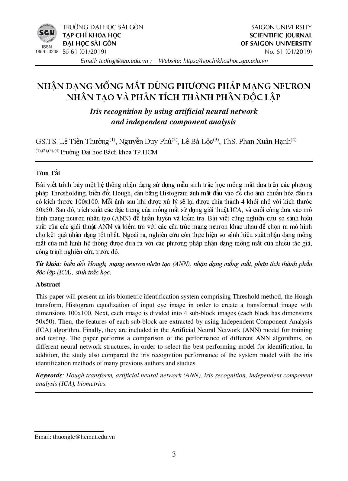 Nhận dạng mống mắt dùng phương pháp mạng neuron nhân tạo và phân tích thành phần độc lập  