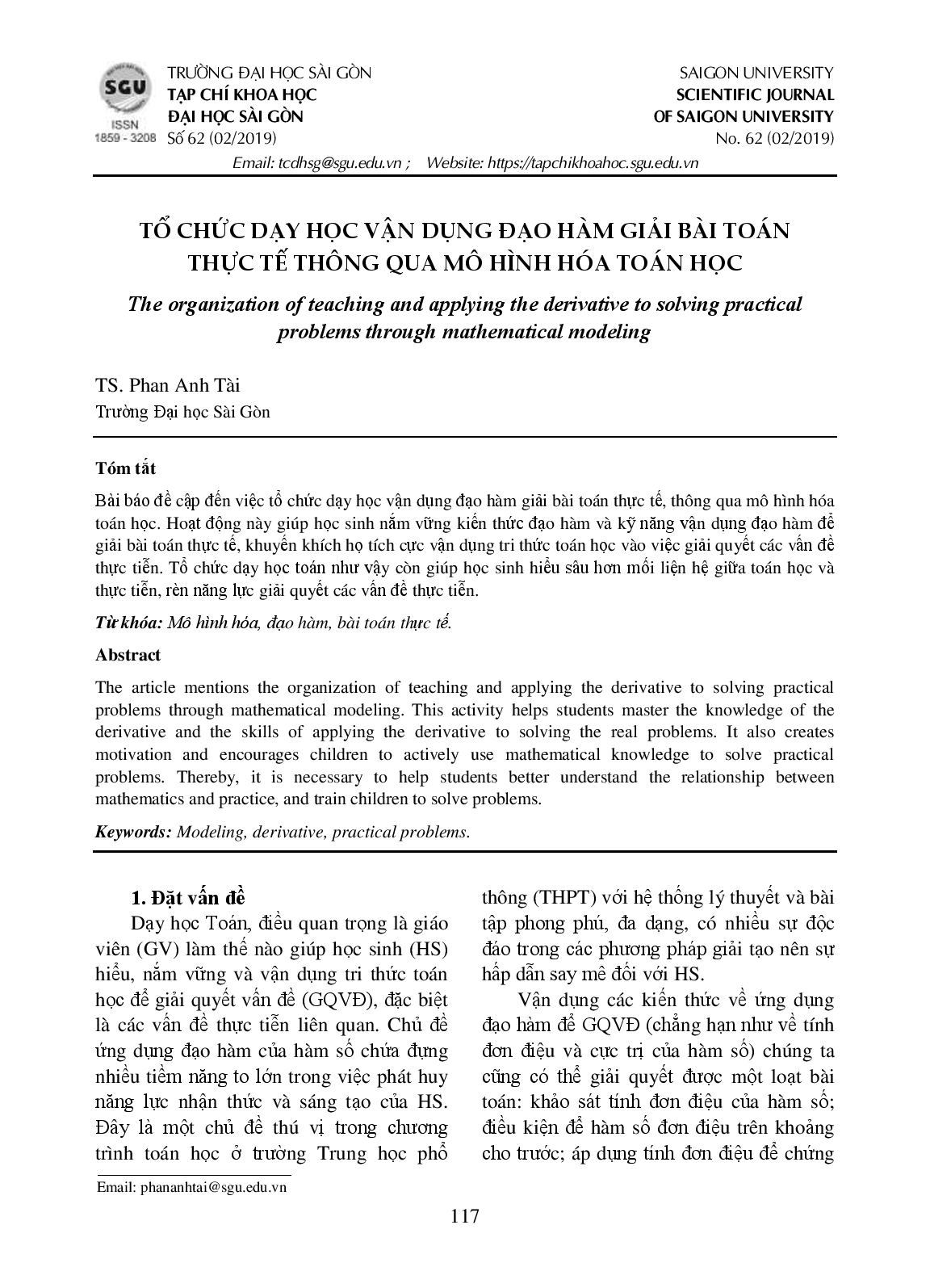 Tổ chức dạy học vận dụng đạo hàm giải bài toán thực tế thông qua mô hình hóa toán học  