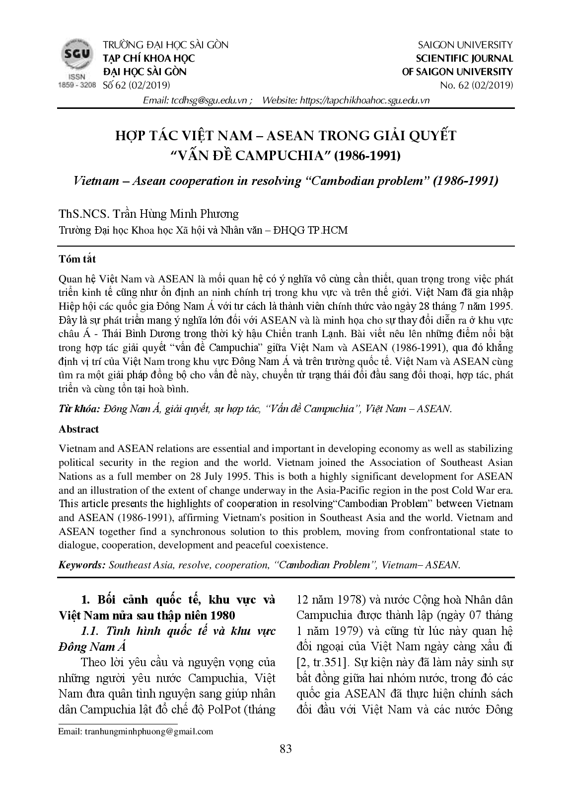 Hợp tác Việt Nam - ASEAN trong giải quyết "Vấn đề Campuchia" (1986-1991)  