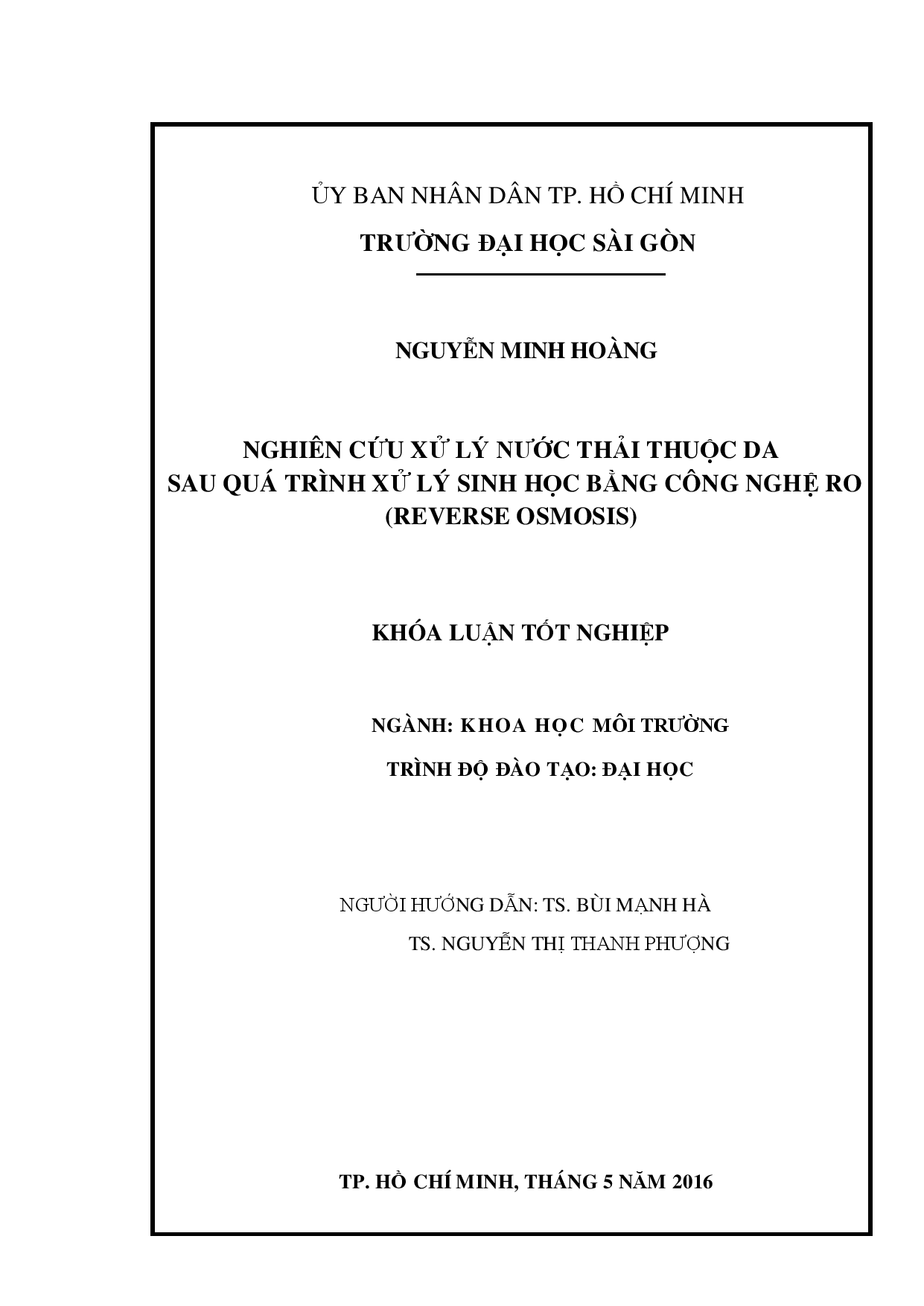 Nghiên cứu xử lý nước thải thuộc da sau quá trình xử lý sinh học bằng công nghệ RO (heverse osmosis)  