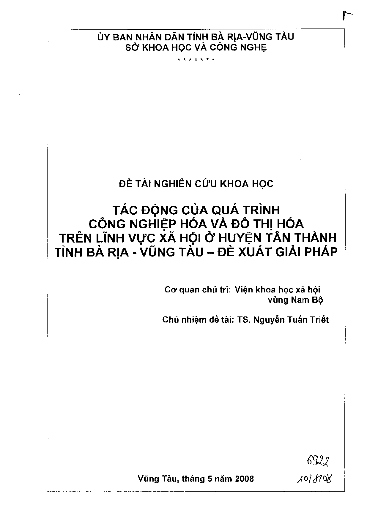 Tác động của quá trình công nghiệp hóa và đô thị hóa trên lĩnh vực xã hội ở huyện Tân Thành tỉnh Bà Rịa - Vũng Tàu - Đề xuất giải pháp  