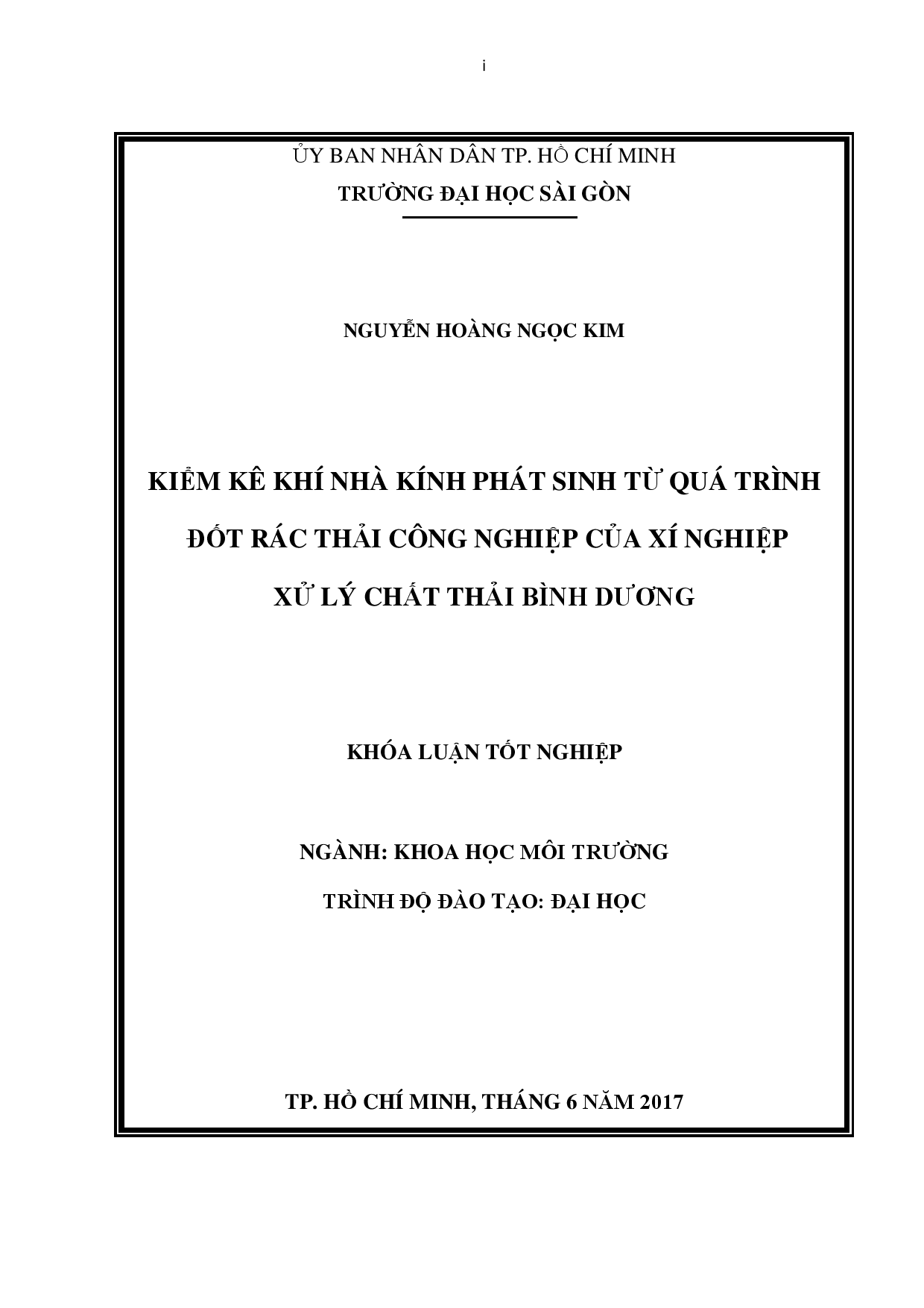 Kiểm kê khí nhà kính phát sinh từ quá trình đốt rác thải công nghiệp của xí nghiệp xử lý chất thải Bình Dương  